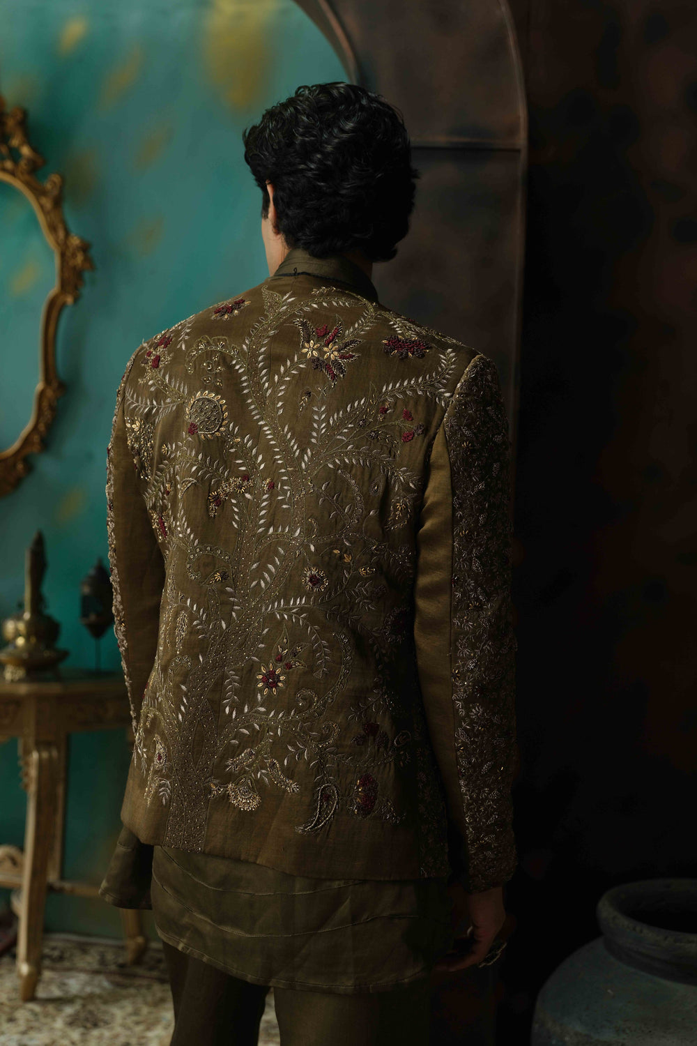 Olive Hand Embroidered Silk Short Jacket Set