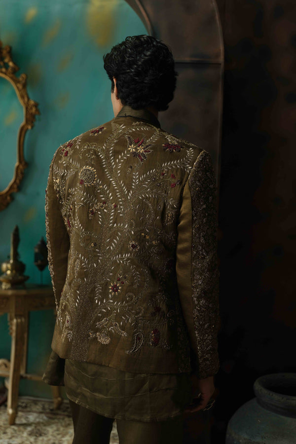 Olive Hand Embroidered Silk Short Jacket Set
