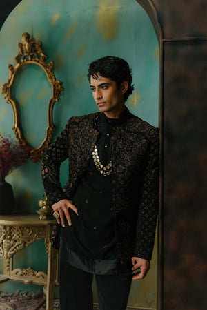 Black Hand Embroidered Short Jacket Set