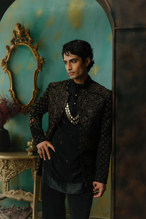 Black Hand Embroidered Short Jacket Set