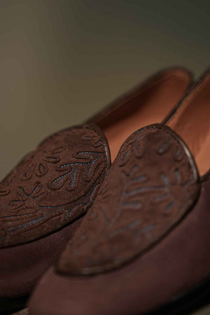 Coffee Cord Embroidery Loafers