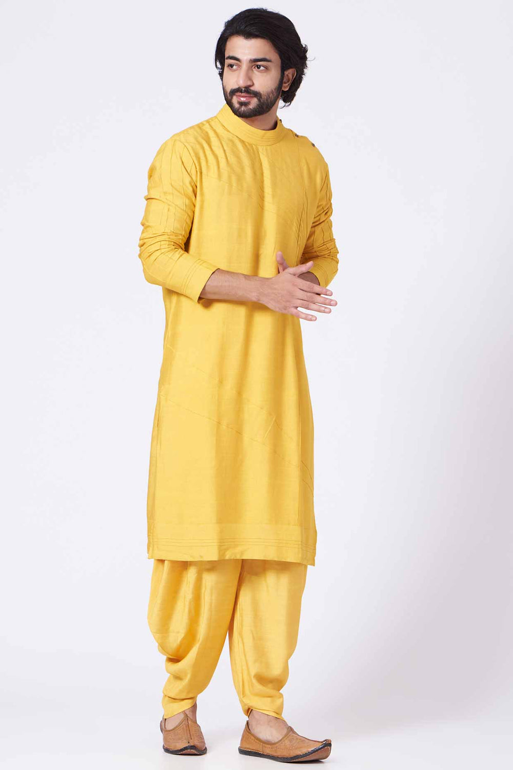 Yellow Slub Silk Kurta Set