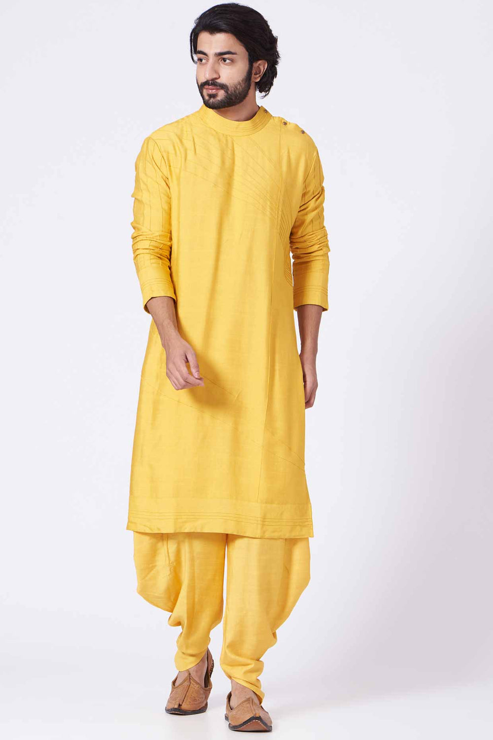 Yellow Slub Silk Kurta Set
