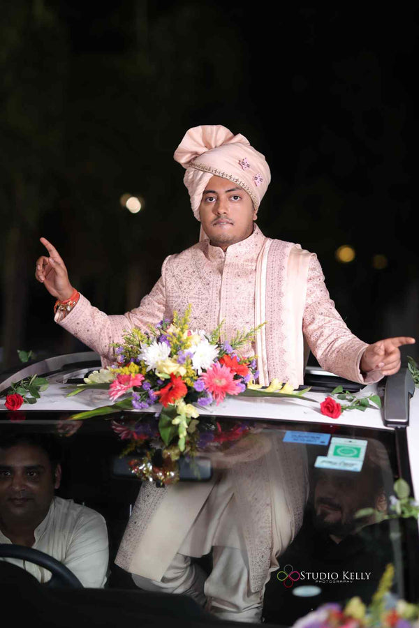 Akash Gupta in Custom Baby Pink Sherwani Set