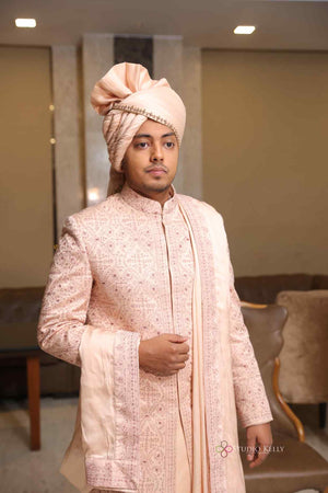 Akash Gupta in Custom Baby Pink Sherwani Set