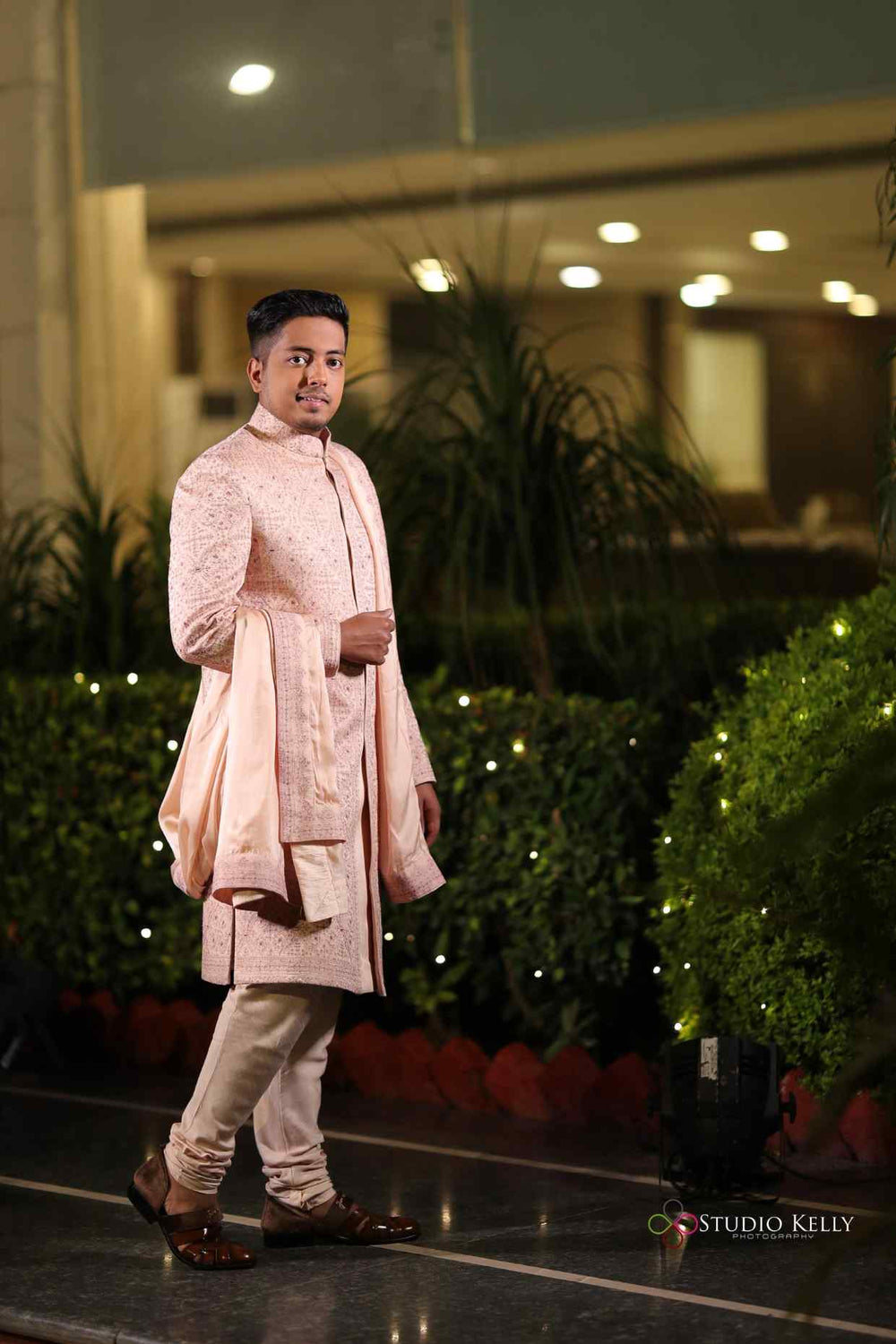 Akash Gupta in Custom Baby Pink Sherwani Set
