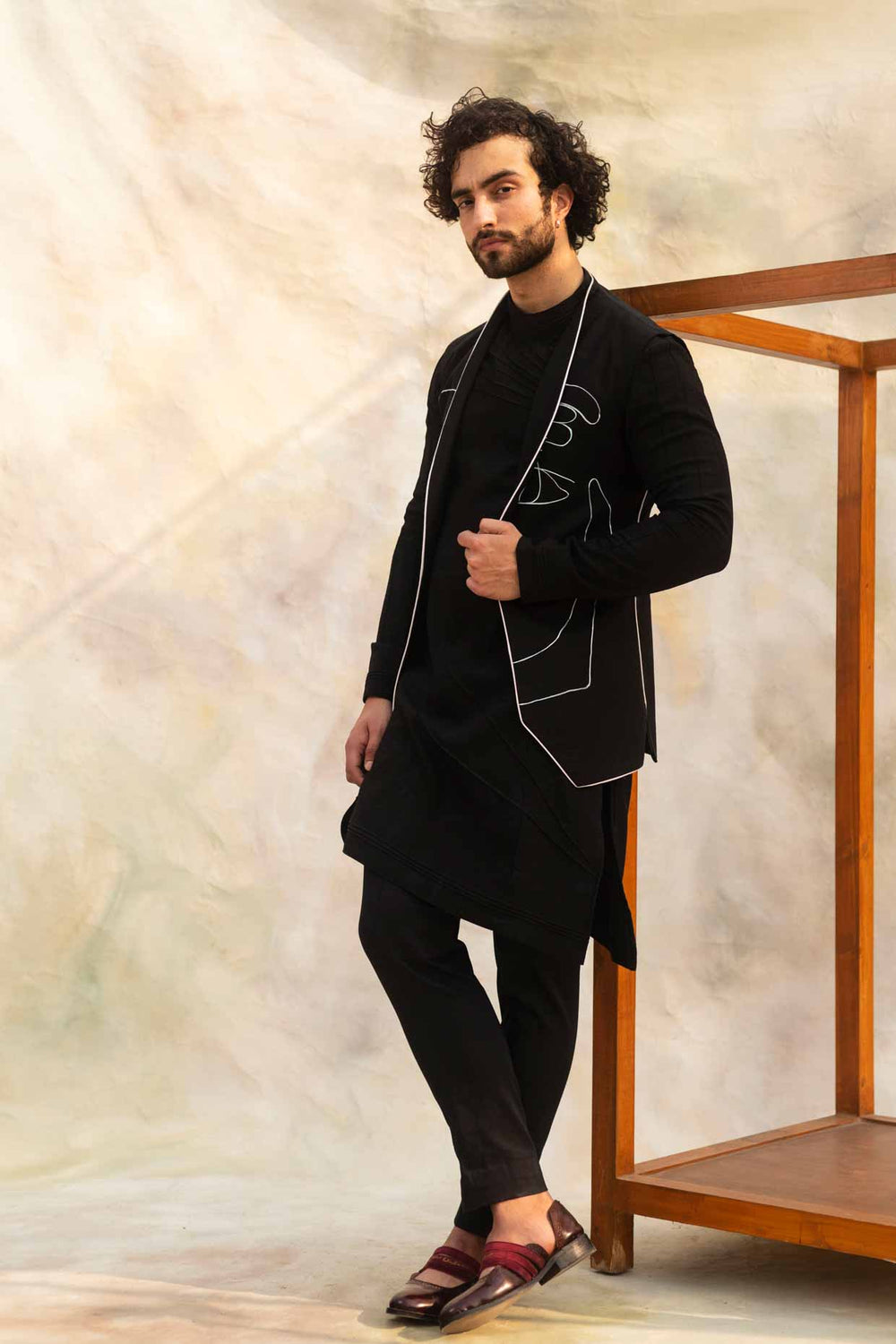 Handpainted Black Open Nehru Jacket