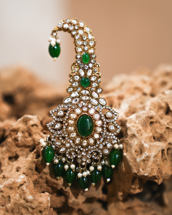 HARIT KALGI Gold Plated Kundan Polki Handcrafted Kalgi with emrald green stones