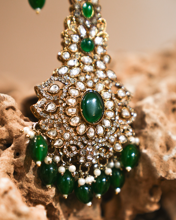 HARIT KALGI Gold Plated Kundan Polki Handcrafted Kalgi with emrald green stones